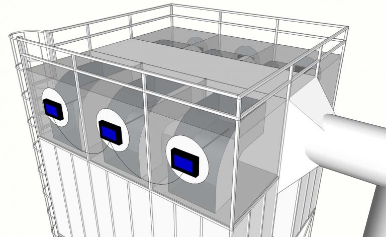 An installation example of Dynamic M7 used for bag dust collector leakage monitoring.
